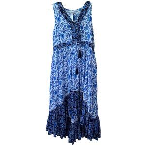 NWT Tommy Bahama Blue Woodblock Floral Ruffle Sleeveless Dress Boho S